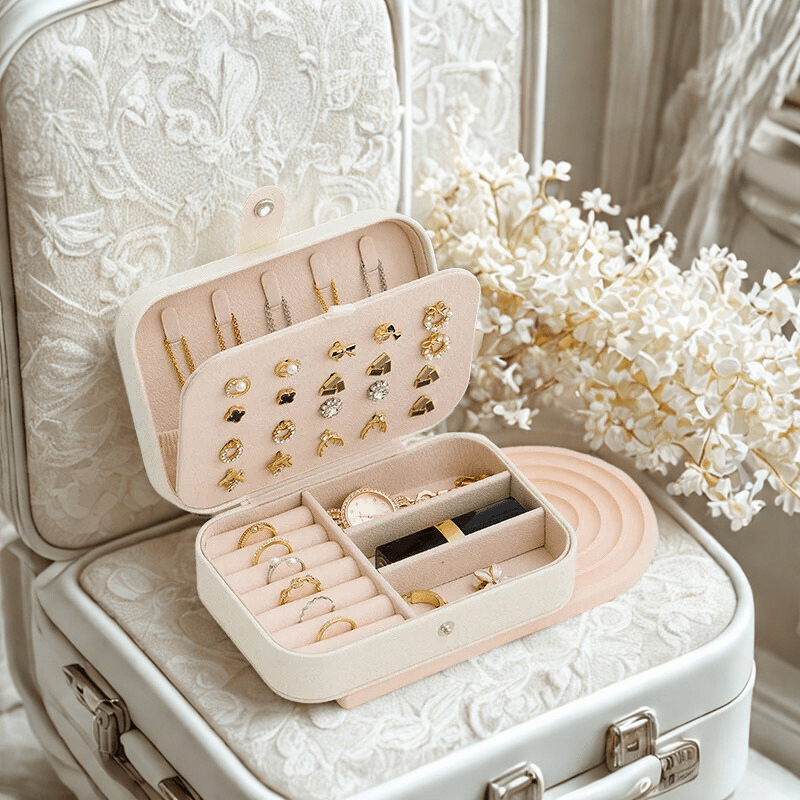 Boite à bijoux voyage en cuir bleue beige