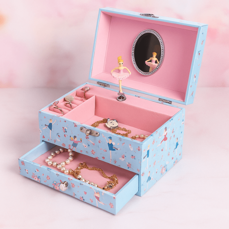 Boite a bijoux musicale avec tiroir bleu