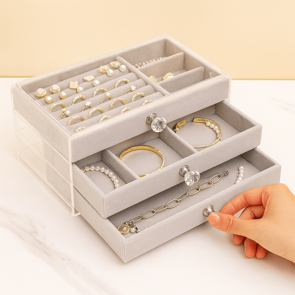 Boite a bijoux transparente grise chambre