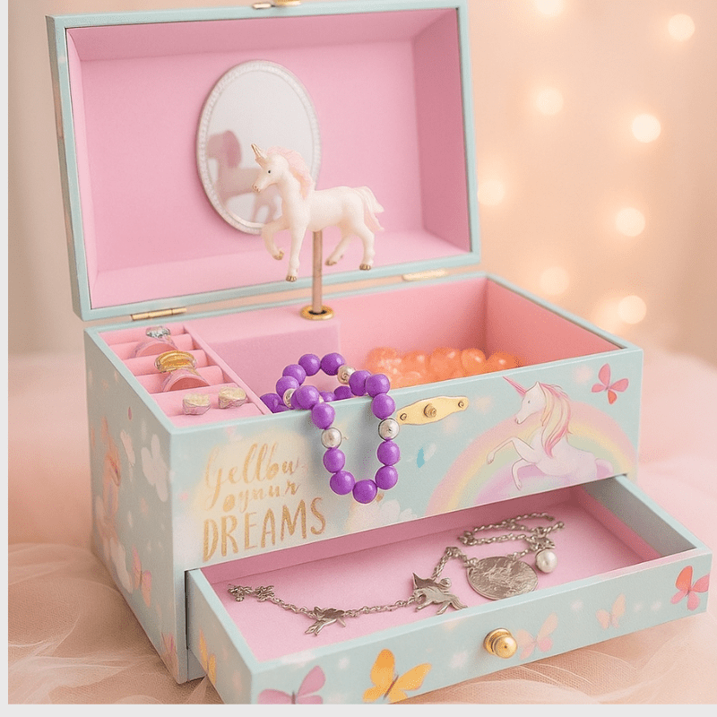 Boîte à bijoux musicale enfant – Coffret licorne rectangulaire