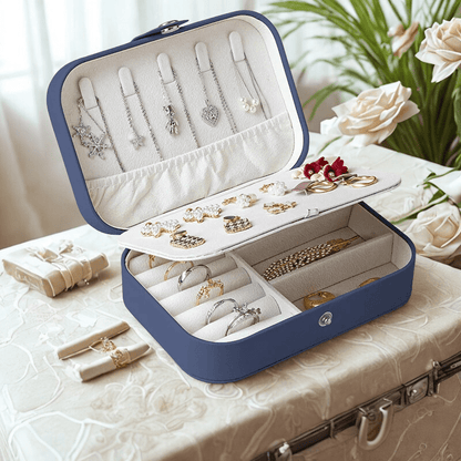 Boite à bijoux voyage en cuir bleue grise