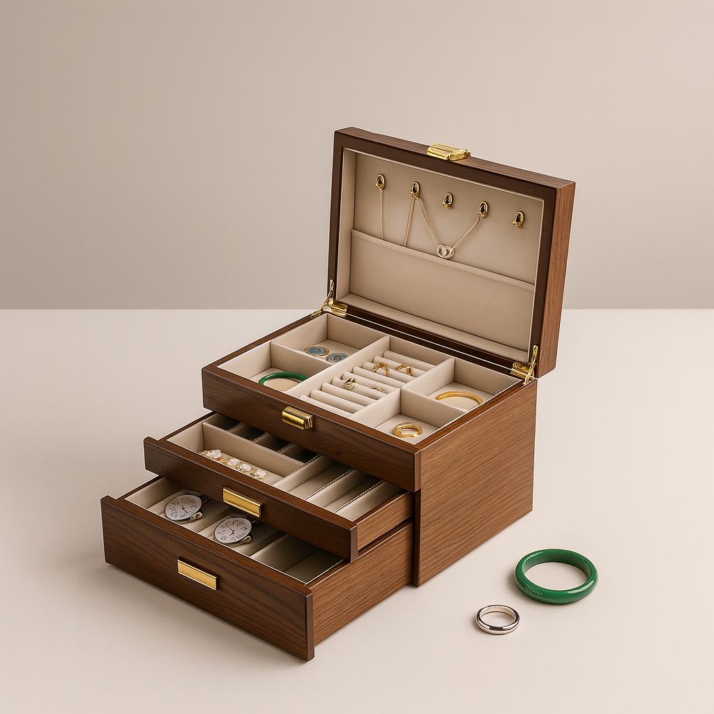 Écrin de rangement en bois, coffret organisateur à bijoux multi-compartiments